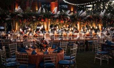 Event tables setup outside museum at night