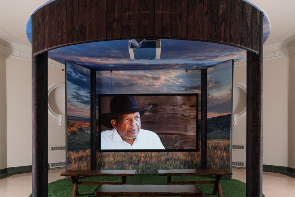 Indoor wooden alter with television