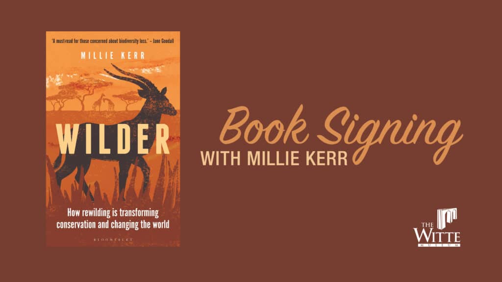 Book cover for Millie Kerr Wilder with shadow of an antelope. Text "Book Signing with Millie Kerr"