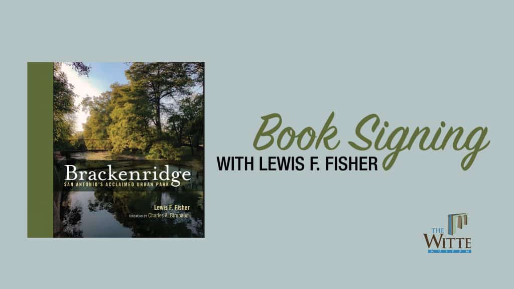 book signing with Lewis F. Fisher and cover of book with photo of the park, trees, and river
