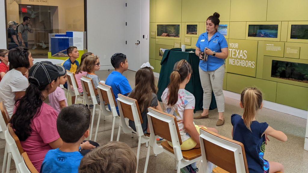 Group of students sitting on chairs in the SWBC Live Lab. In the front stands Witte staff member holding and talking about a snake.