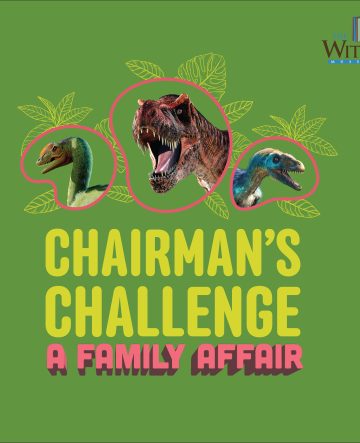 3 dinosaur heads on a green background. text reads "chairman's challenge: a family affair."