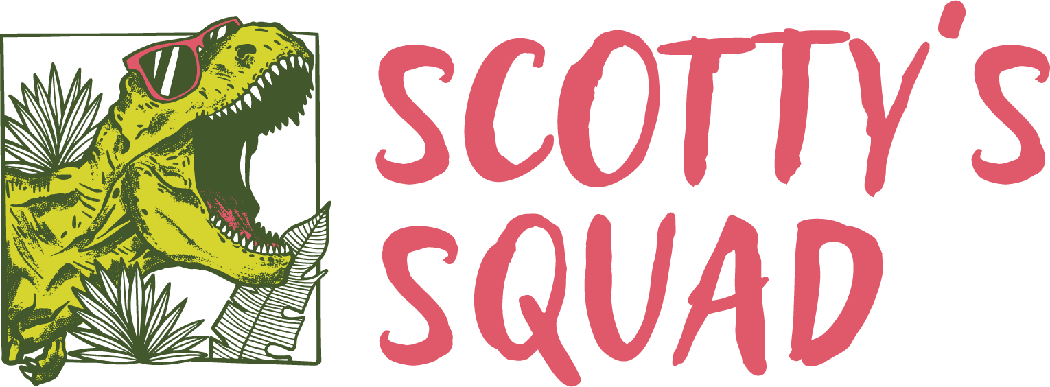 Illustration of dinosaur and Scotty's Squad text