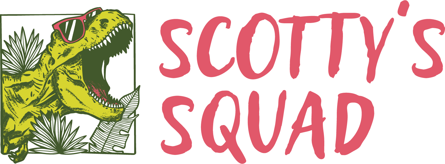 Illustration of dinosaur and Scotty's Squad text