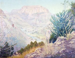 Painting of Chisos basin, including mountains and vegetation by Peter Lanz Hohnstedt.