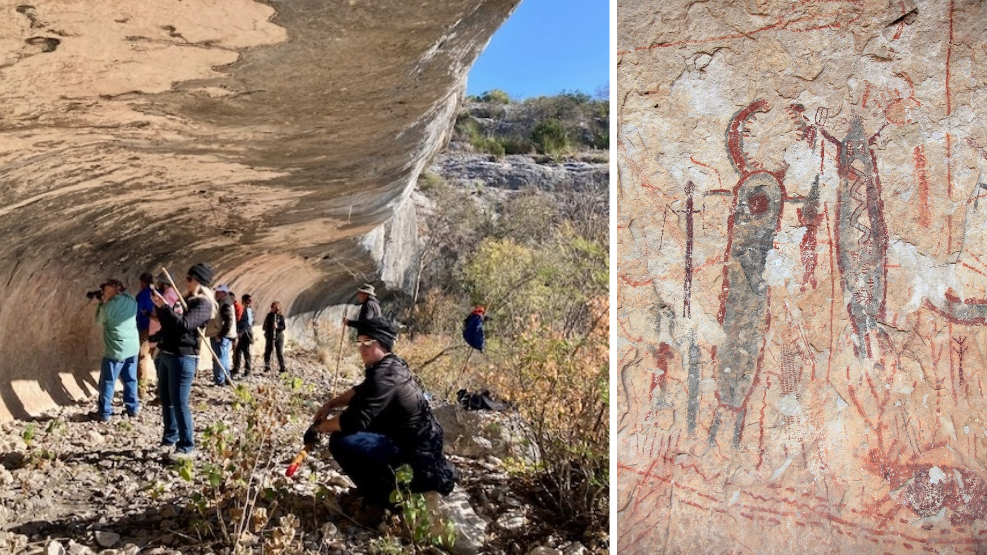 group of hikers in rock shelter next to photo of anthropomorphic rock art drawings.