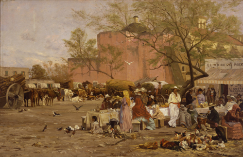 Painting showing people and livestock on a plaza.