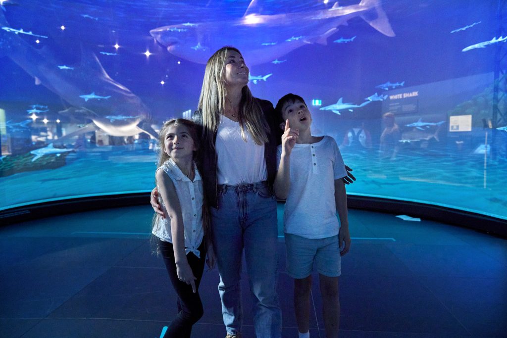 mother and two children gaze at oceanarium